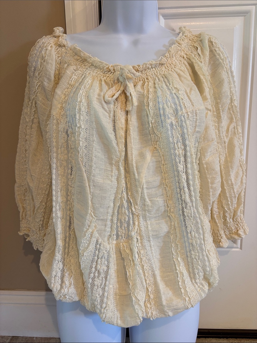 Casting Paris “Eclipse” Women’s Cream Boho Peasant Blouse with Lace Trim